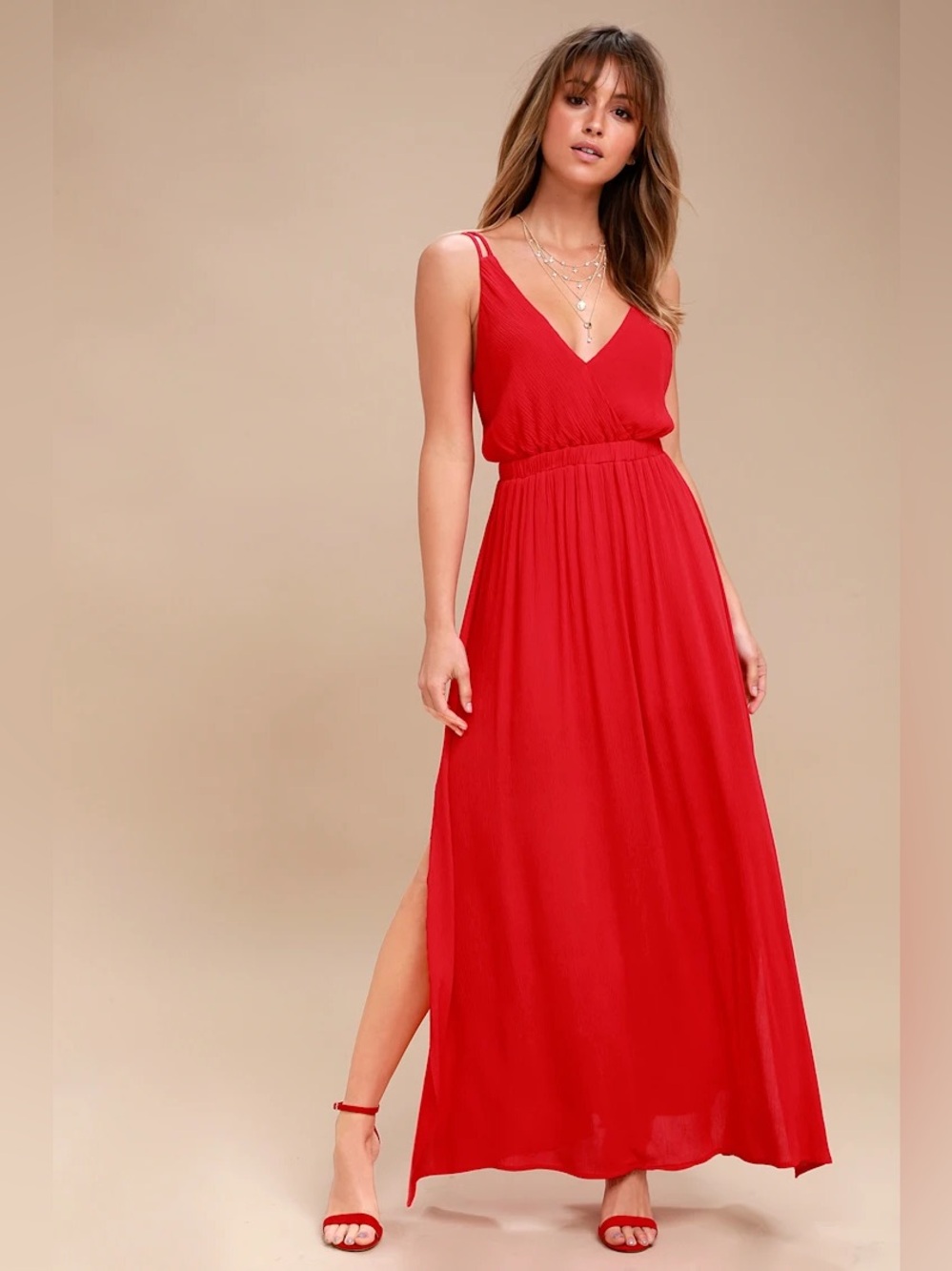 Lulu's Red V-Neck Maxi Dress with Side Slit